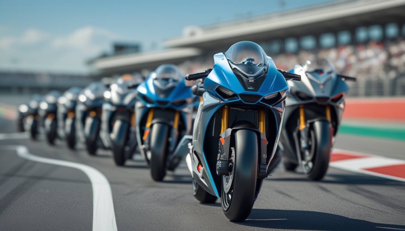 Sepuluh motor balap futuristik berbaris di lintasan balap modern dengan desain aerodinamis terbaru dan latar belakang tribun penonton.