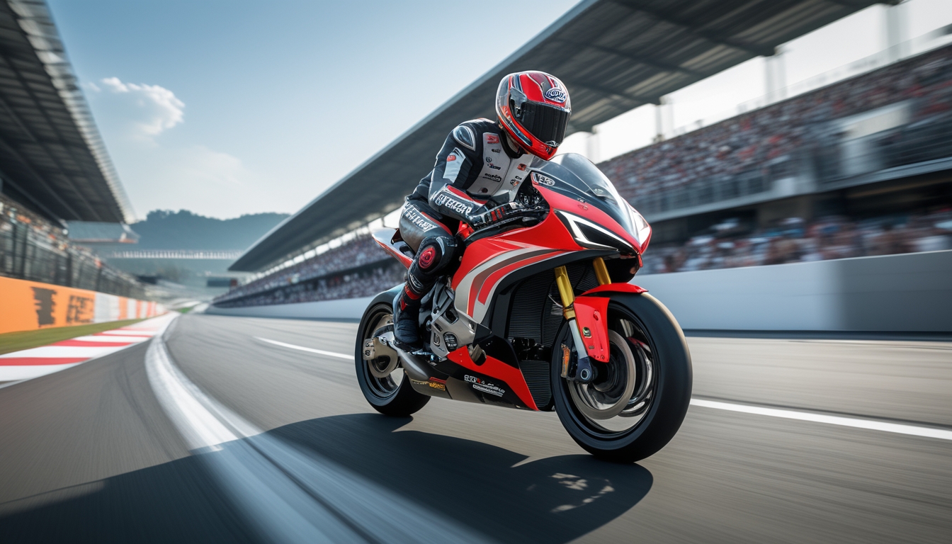 Sepeda motor balap futuristik berwarna merah dan hitam di lintasan balap dengan penonton di latar belakang.