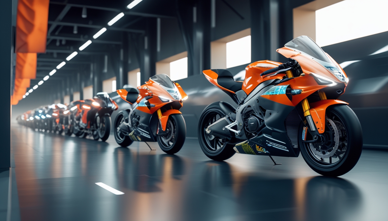Deretan motor balap futuristik tahun 2026 dengan desain aerodinamis dan warna cerah di dalam ruangan atau lintasan balap.