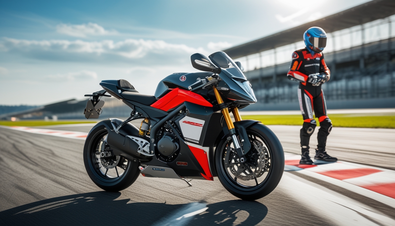 Sepeda motor balap modern berwarna merah dan hitam di lintasan balap dengan seorang pengendara muda bersiap mengenakan perlengkapan balap lengkap.
