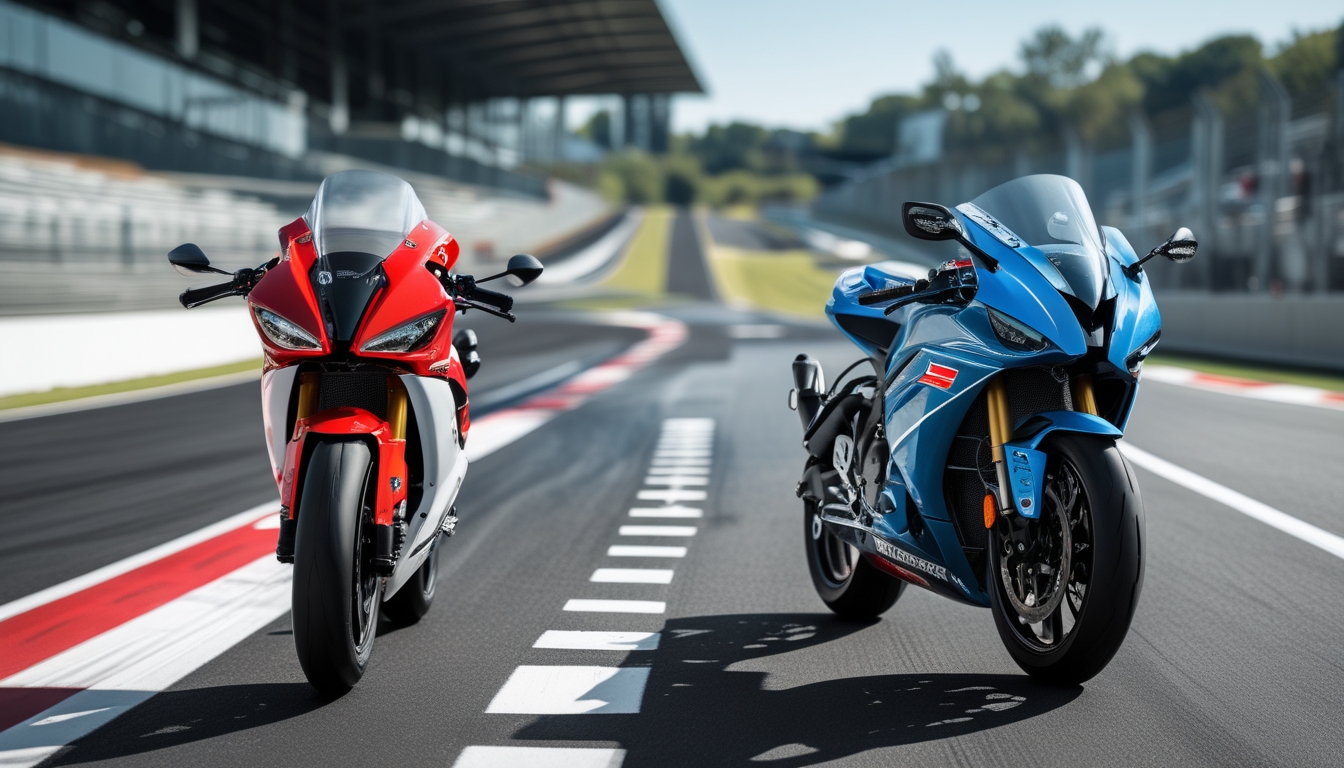 Dua motor balap, satu 150cc dan satu 250cc, berdampingan di lintasan balap dengan latar belakang tribun dan langit cerah.