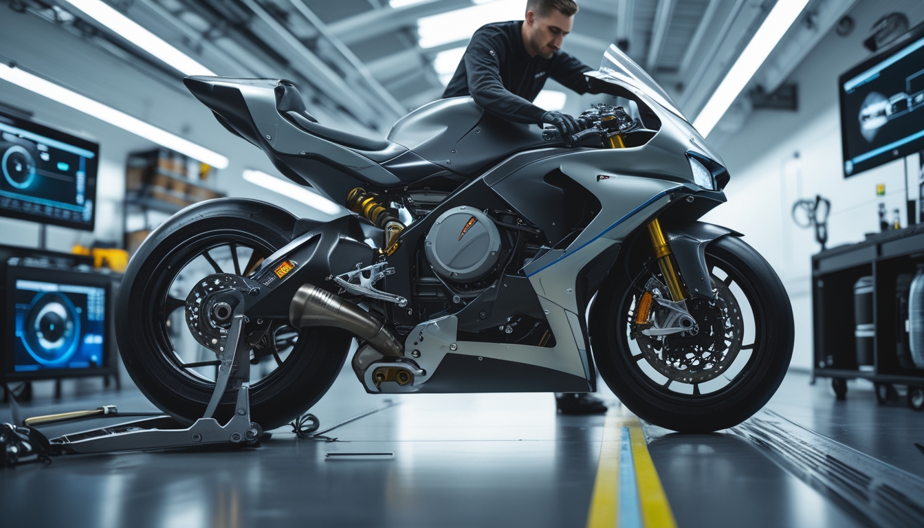 Seorang mekanik sedang memodifikasi motor balap futuristik di bengkel dengan peralatan modern.