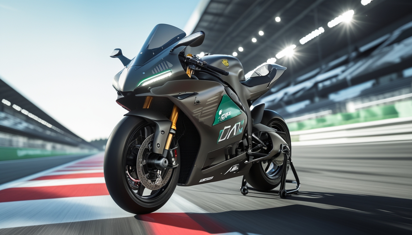 Sepeda motor balap futuristik berdesain modern sedang berada di lintasan balap dengan latar belakang sirkuit balap dan tribun penonton.
