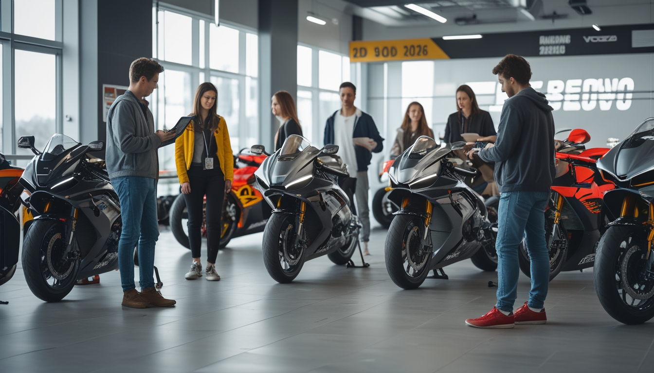 Sejumlah orang sedang memperhatikan dan berdiskusi di sebuah showroom motor balap dengan berbagai motor balap modern tahun 2026.
