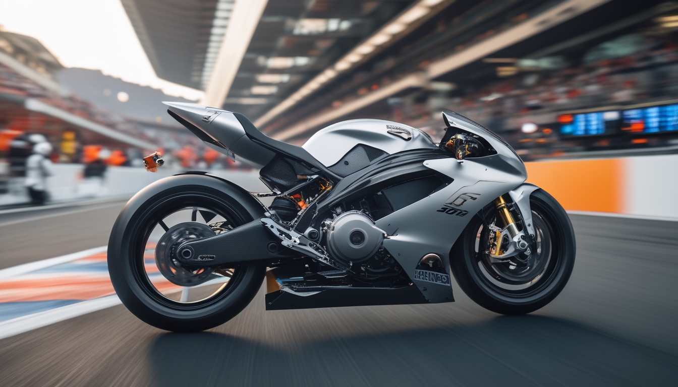 Sepeda motor balap futuristik di lintasan balap dengan teknisi dan penonton di latar belakang.