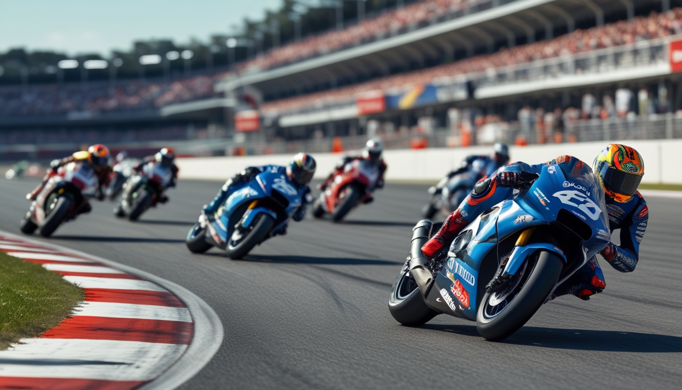 Beberapa pembalap MotoGP sedang balapan di lintasan dengan penonton di tribun dan langit cerah.