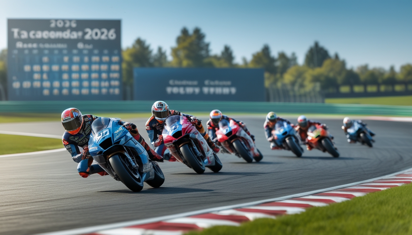 Sejumlah pembalap MotoGP sedang melaju cepat di lintasan balap dengan latar belakang papan jadwal balapan yang samar-samar terlihat.