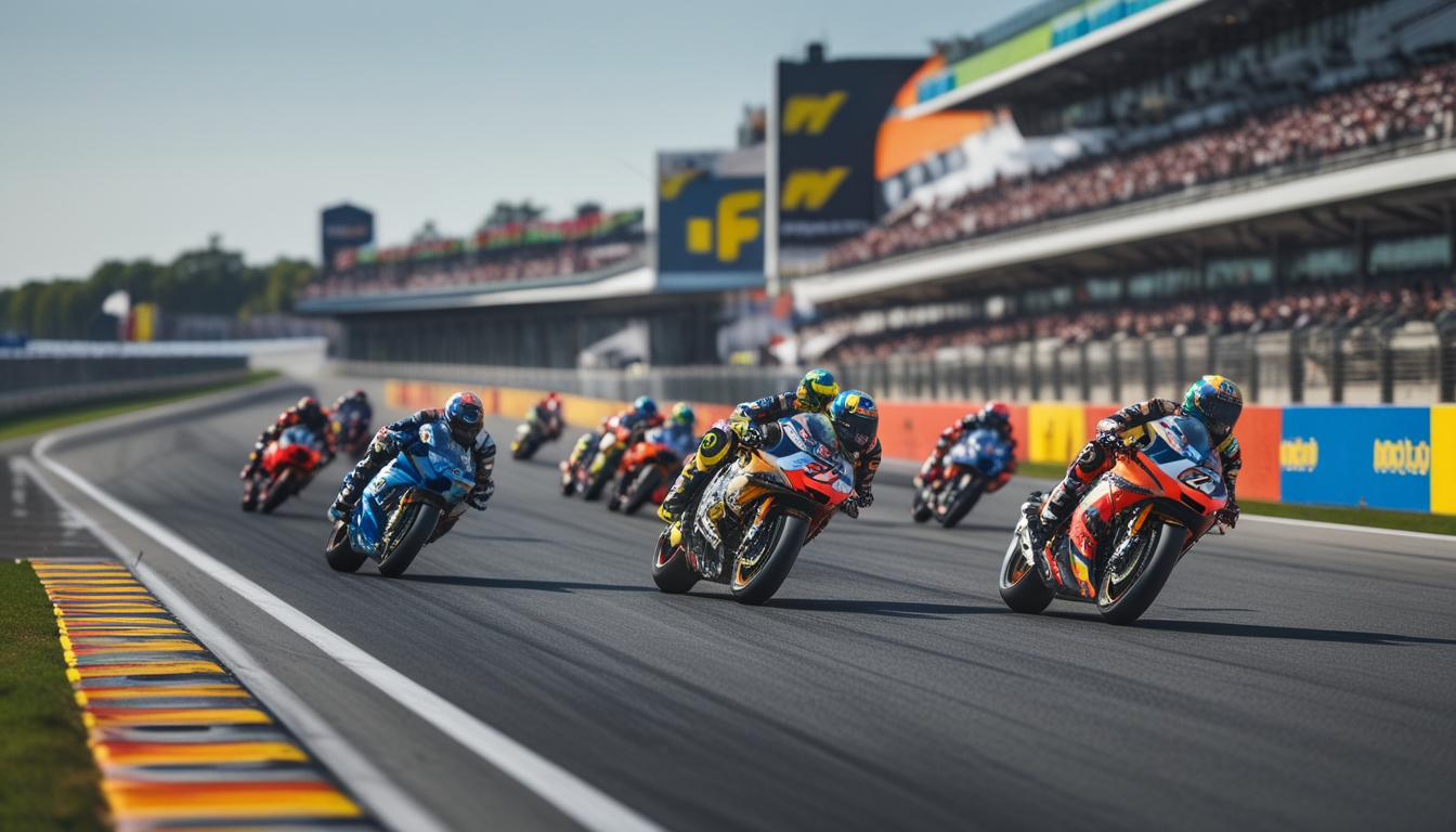 Beberapa pembalap MotoGP sedang balapan di lintasan dengan penonton di tribun belakang.