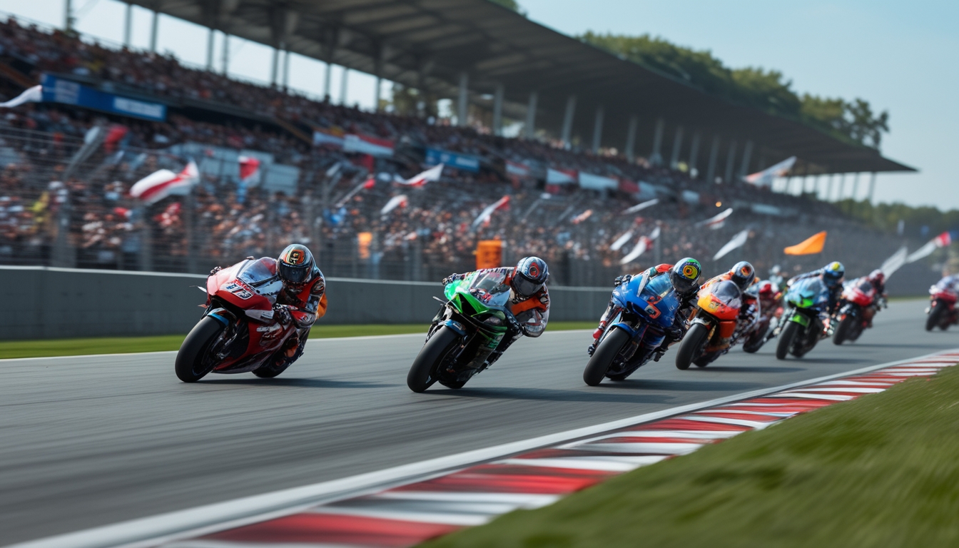 Beberapa pembalap MotoGP sedang balapan di lintasan dengan penonton di tribun yang ramai.