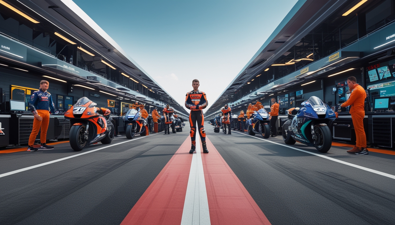 Beberapa pembalap MotoGP berdiri di paddock dengan motor balap mereka, dikelilingi oleh mekanik dan peralatan di latar belakang lintasan balap.
