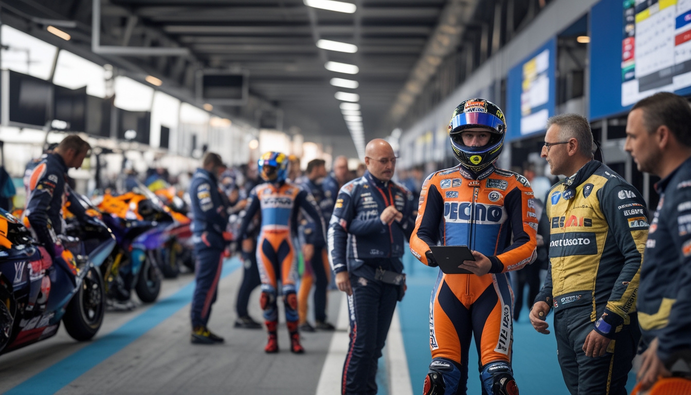 Beberapa pembalap MotoGP dan manajer tim berdiskusi di pit lane dengan motor balap berjajar di latar belakang.
