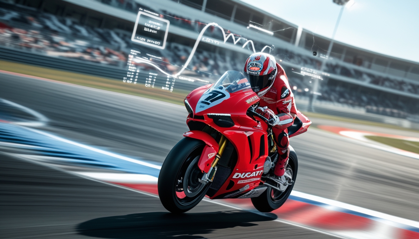 Motor Ducati sedang melaju di lintasan balap MotoGP dengan data performa dan grafik di latar belakang.