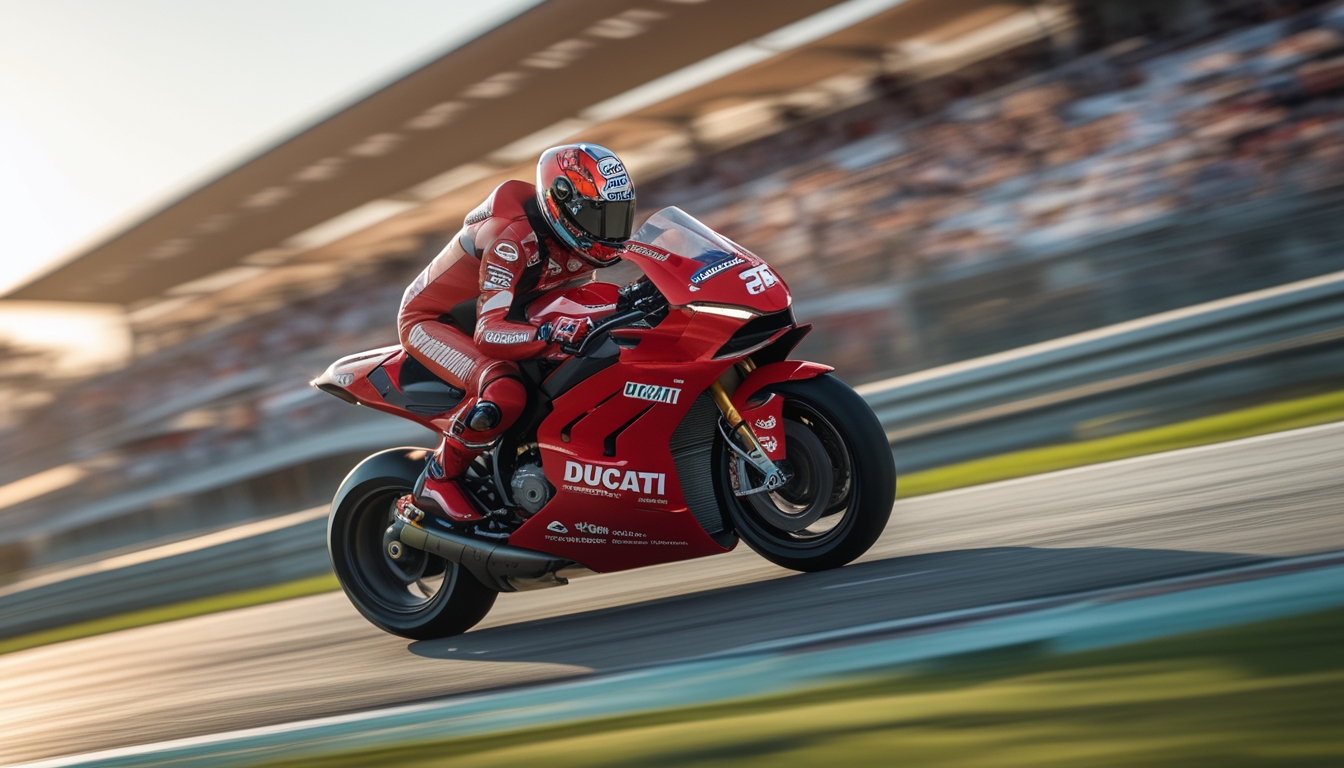 Sepeda motor Ducati MotoGP terbaru sedang melaju cepat di lintasan balap dengan pembalap yang sedang menikung tajam.