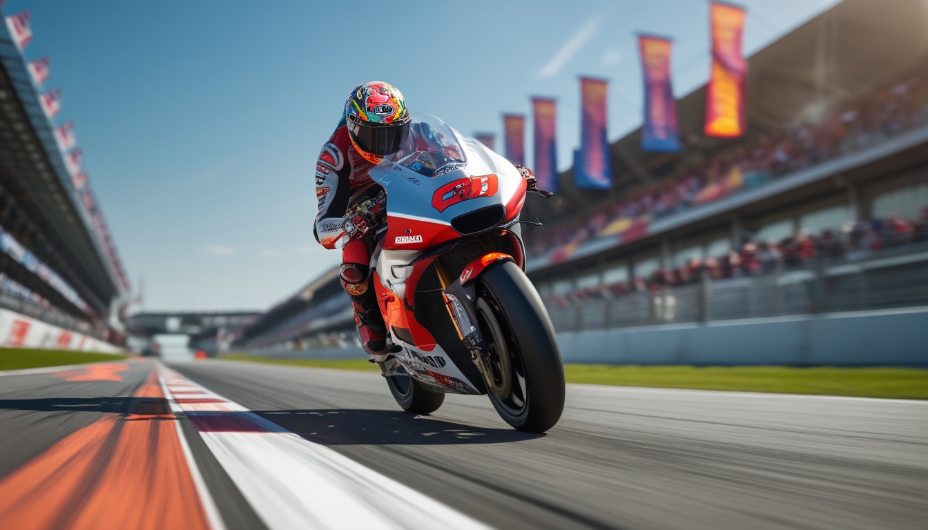 Seorang pembalap MotoGP sedang membelok tajam dengan motor balap di lintasan sirkuit yang terang dan ramai penonton.