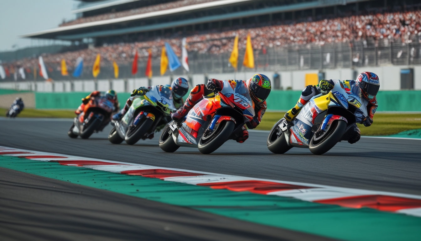 Beberapa pembalap MotoGP sedang menikung tajam di lintasan dengan penonton penuh di tribun belakang.