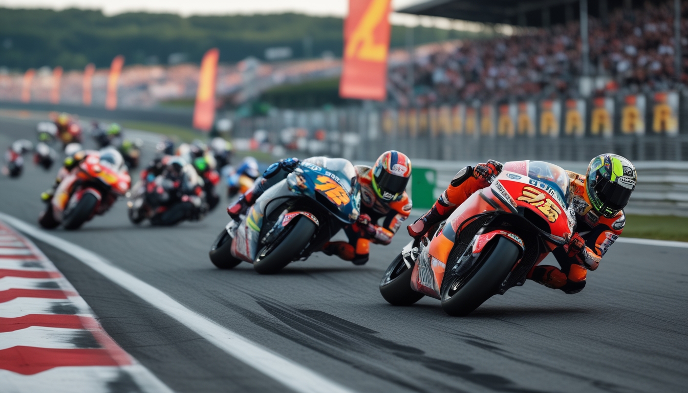 Beberapa pembalap MotoGP sedang melaju cepat di tikungan balapan dengan penonton ramai di latar belakang.