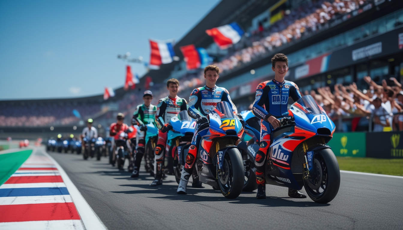 Sekelompok pembalap MotoGP muda berdiri di samping motor balap mereka di lintasan dengan penonton yang bersorak di tribun.