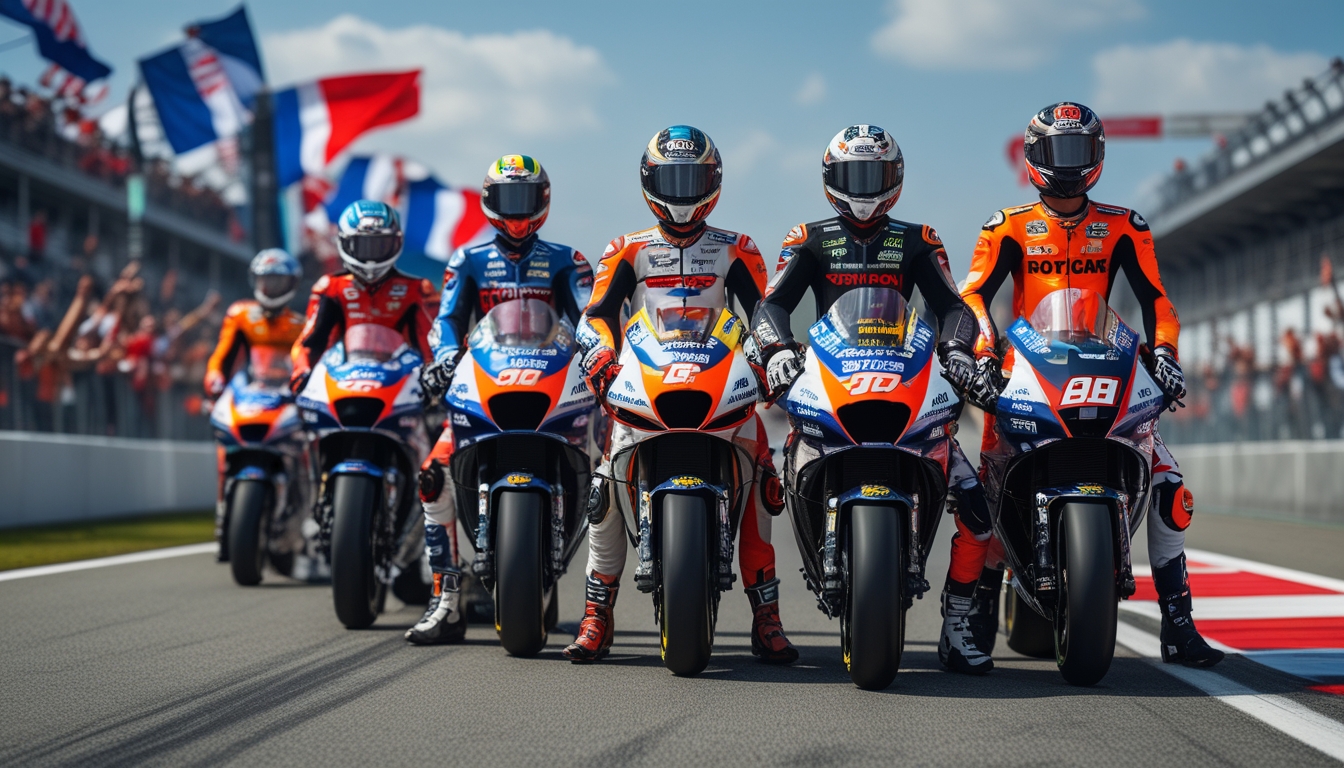 Sekelompok pembalap muda MotoGP berdiri di samping motor balap mereka di lintasan dengan penonton di latar belakang.