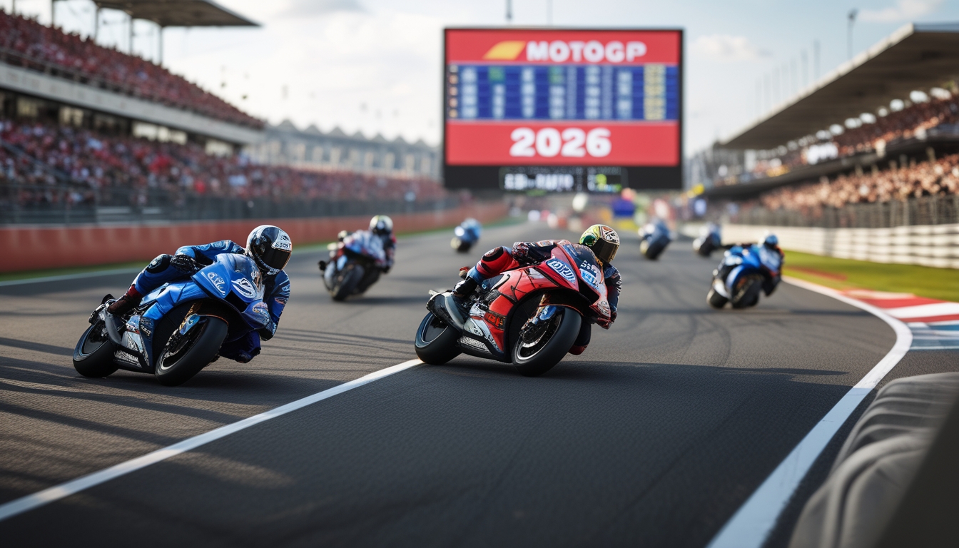 Sejumlah pembalap MotoGP sedang berlomba di lintasan dengan penonton di tribun dan papan skor digital di latar belakang.