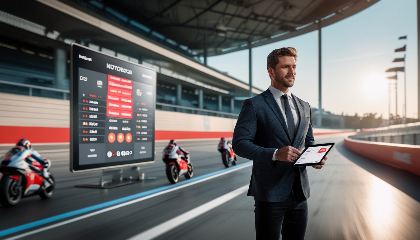 Seorang analis olahraga memegang tablet dengan latar belakang papan peringkat digital dan trek balap MotoGP yang buram.