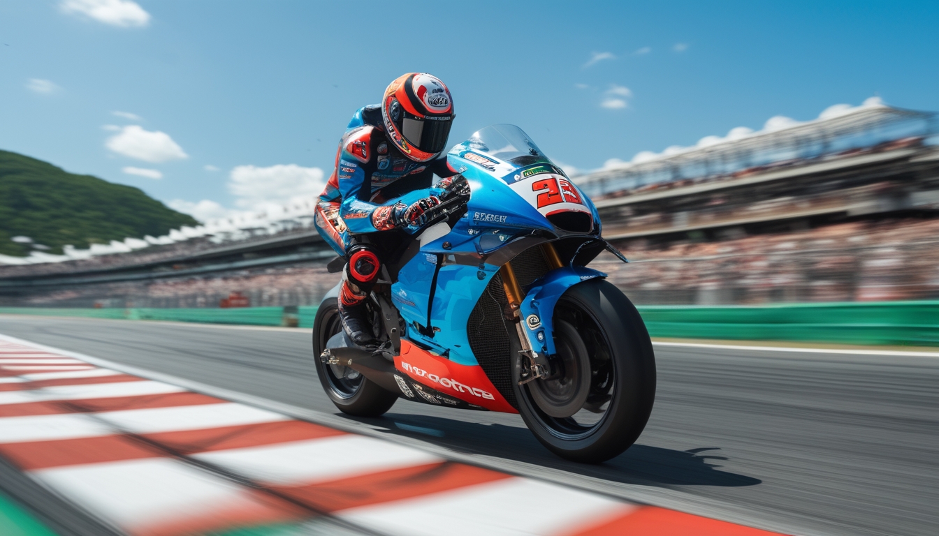 Sepeda motor balap MotoGP melaju kencang di lintasan dengan penonton di tribun dan langit cerah.