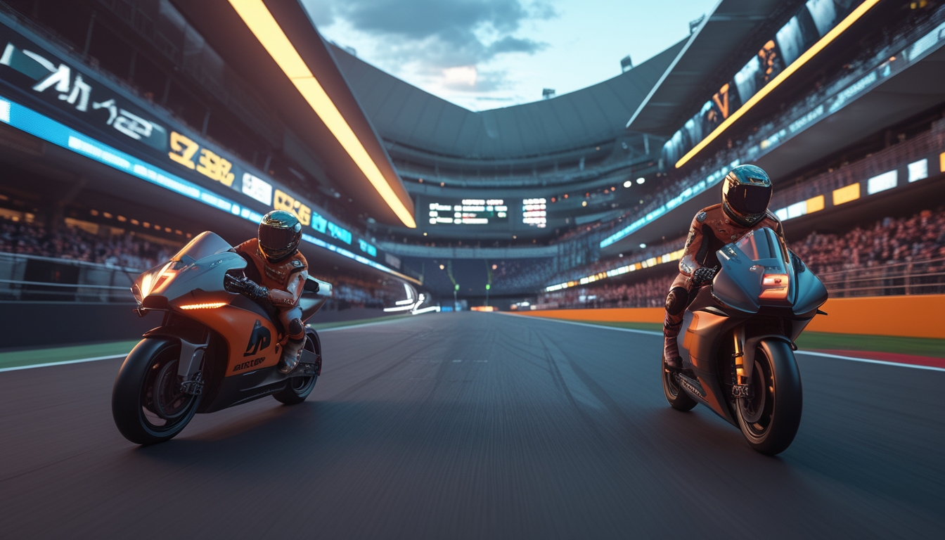 Balapan MotoGP futuristik di trek modern dengan motor canggih dan penonton di stadion besar.