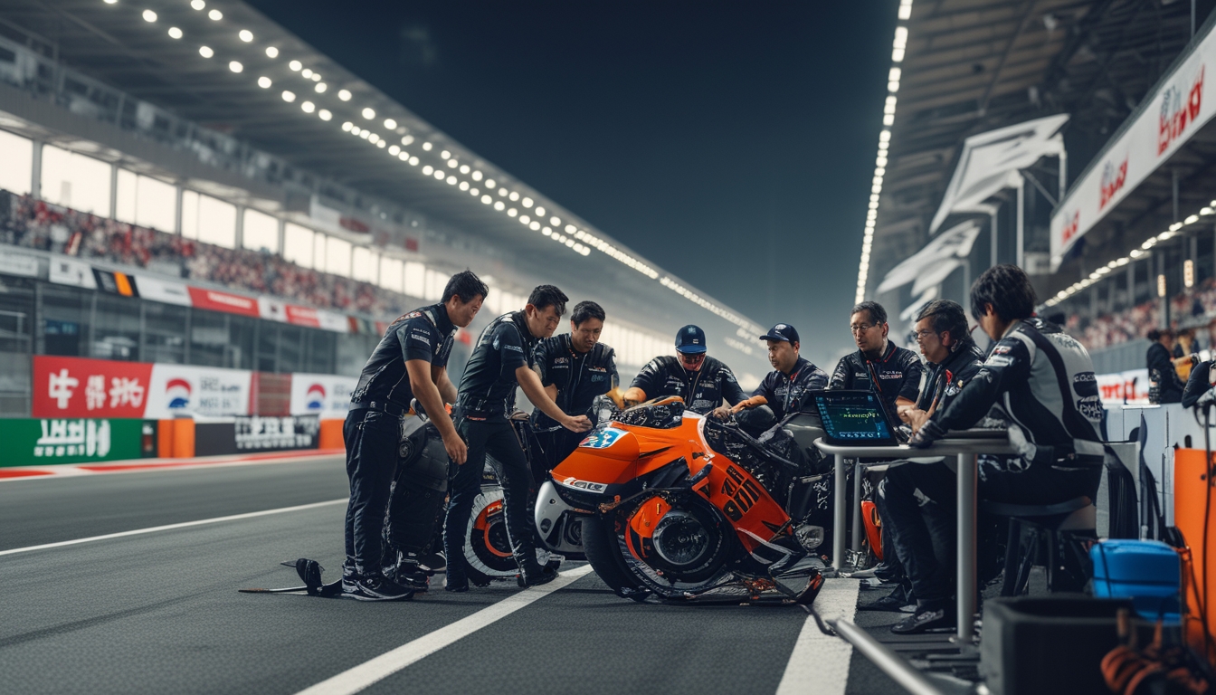 Tim balap Jepang sedang berdiskusi serius di pinggir lintasan MotoGP dengan motor balap dan peralatan teknologi canggih di sekitar mereka.