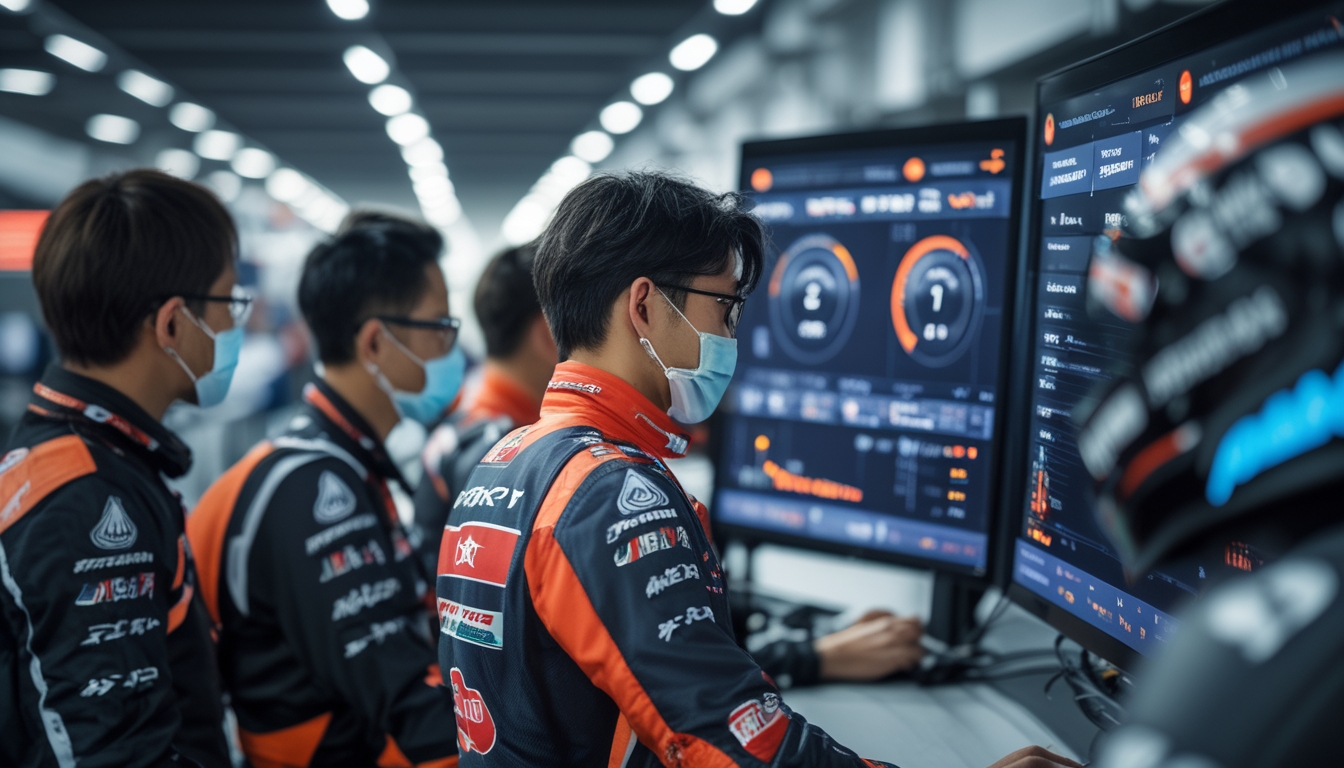 Sekelompok insinyur dan pembalap Jepang sedang menganalisis data dan mempersiapkan sepeda motor balap di garasi sebelum perlombaan MotoGP.