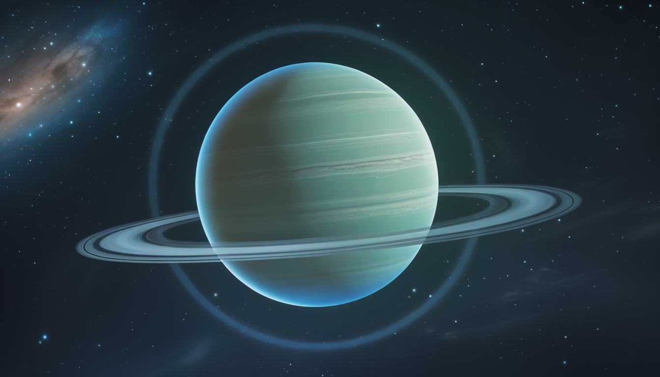 Gambaran planet Uranus berwarna biru kehijauan dengan cincin samar di luar angkasa yang gelap dan penuh bintang.