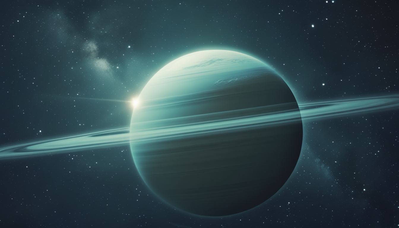 Gambar planet Uranus berwarna biru kehijauan dengan cincin tipis di latar luar angkasa yang gelap penuh bintang.