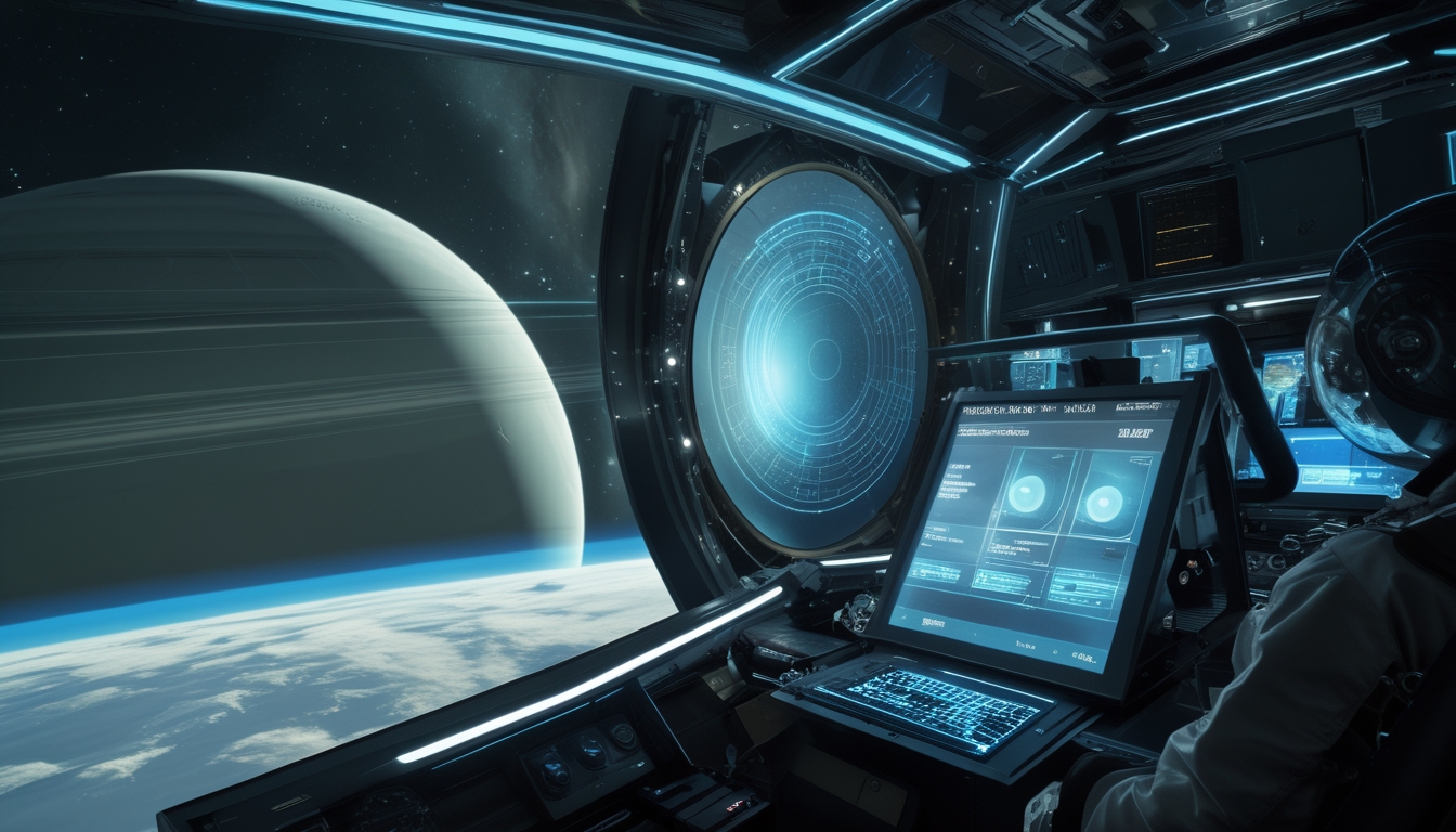 Sebuah pesawat luar angkasa futuristik mengorbit planet Uranus dengan latar belakang bintang dan ilmuwan yang mengoperasikan panel kontrol berteknologi tinggi di dalam stasiun luar angkasa.