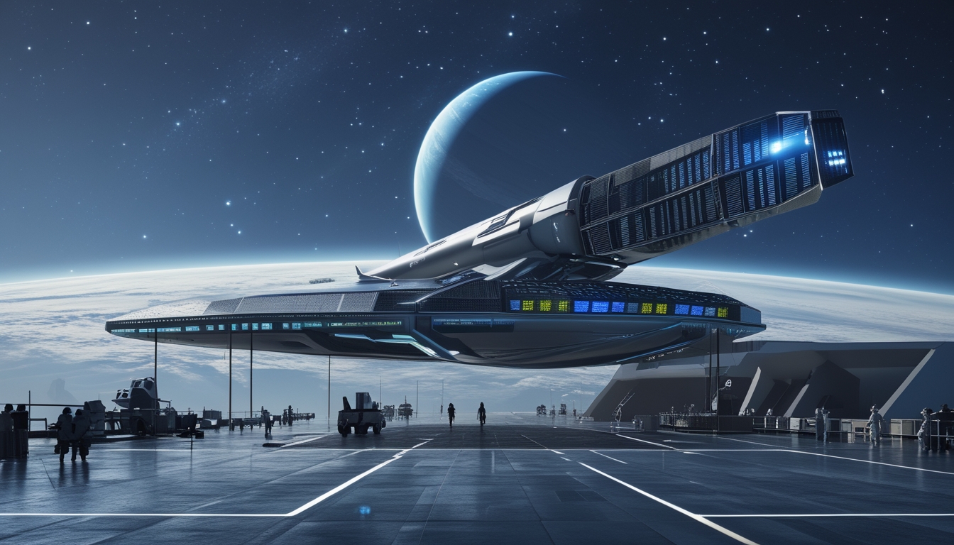 Sebuah wahana antariksa modern sedang diluncurkan dari stasiun luar angkasa dengan planet Uranus terlihat di latar belakang.