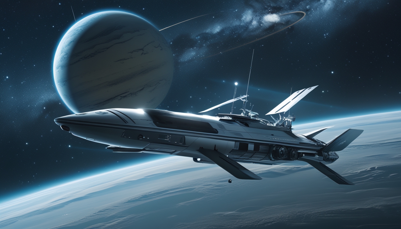 Pesawat luar angkasa modern mengorbit planet Uranus yang berwarna biru kehijauan dengan latar belakang bintang dan galaksi.