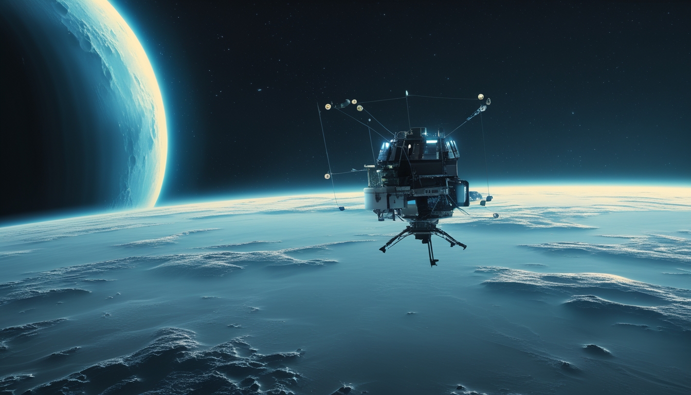 Sebuah pesawat ruang angkasa futuristik mengorbit planet Uranus berwarna biru kehijauan dengan latar belakang ruang angkasa gelap dan bintang-bintang.