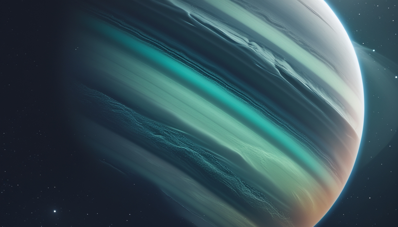 Gambaran planet Uranus dengan lapisan atmosfer yang bergradasi warna biru dan hijau, menunjukkan struktur lapisan atmosfernya di luar angkasa.