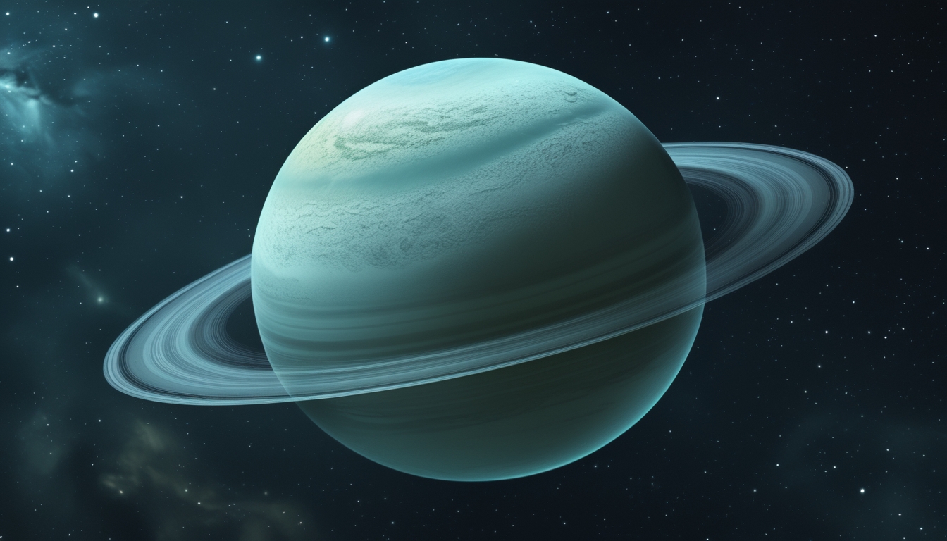 Gambar planet Uranus berwarna biru kehijauan dengan cincin tipis di latar luar angkasa penuh bintang.