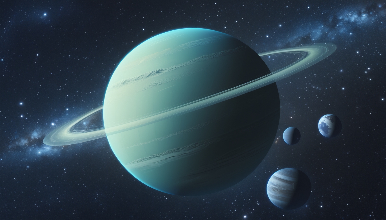 Gambaran planet Uranus berwarna biru kehijauan dengan cincin tipis dan beberapa bulan di sekitarnya, di latar belakang ruang angkasa penuh bintang.