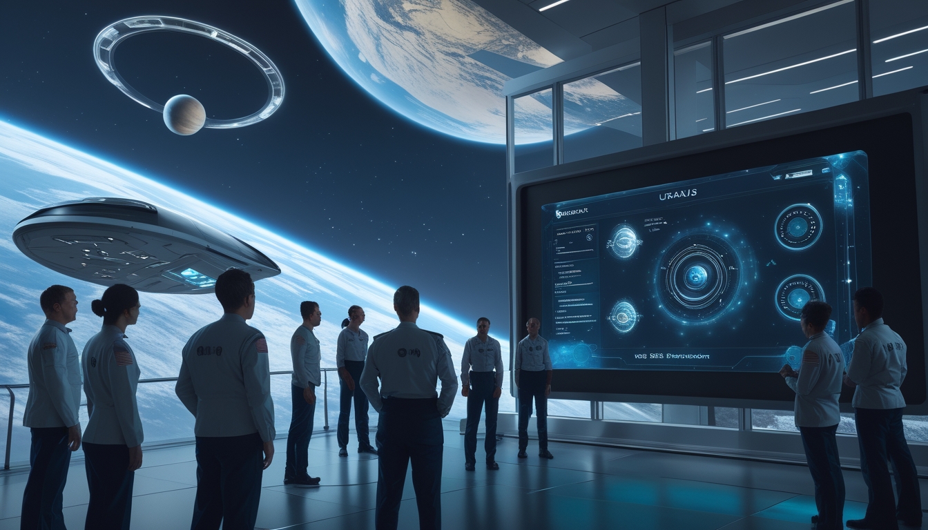 Sekelompok ilmuwan dan insinyur sedang mengamati tampilan holografik planet Uranus di ruang kendali misi luar angkasa dengan pesawat ruang angkasa mendekati planet tersebut di luar jendela.