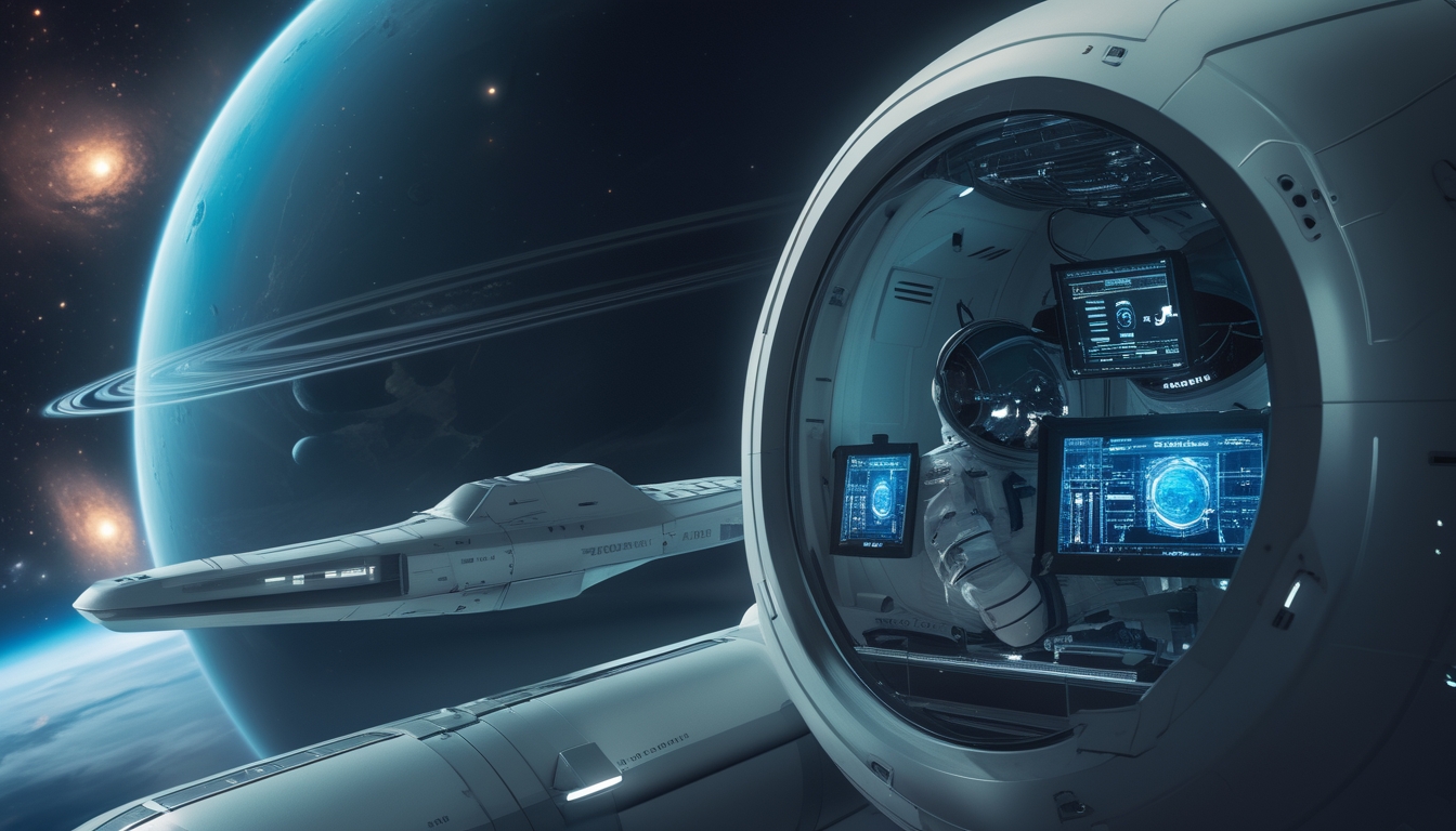 Sebuah pesawat ruang angkasa canggih mengorbit planet Uranus yang berwarna biru kehijauan dengan latar belakang bintang dan galaksi jauh.