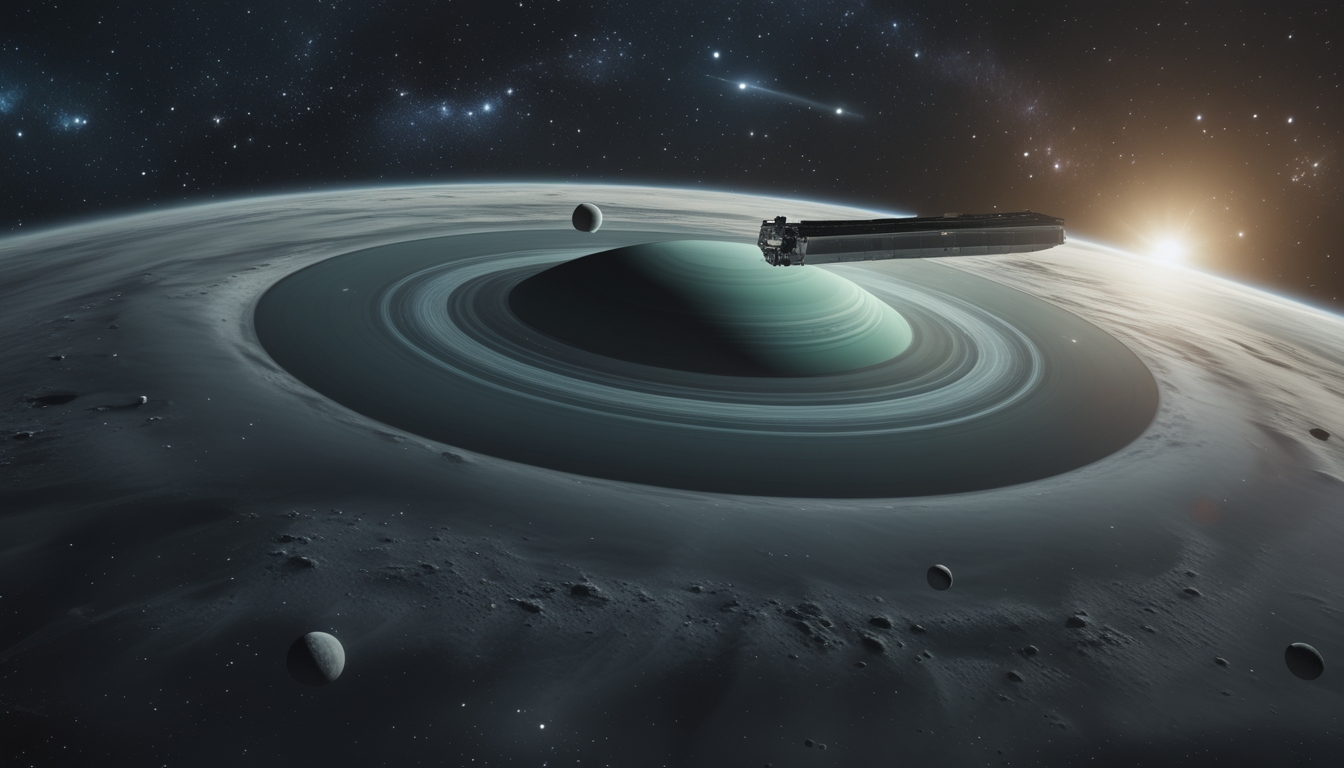 Planet Uranus berwarna biru kehijauan dengan cincin dan bulan kecil di sekitarnya, terlihat dari luar angkasa dengan latar bintang dan pesawat luar angkasa di dekatnya.