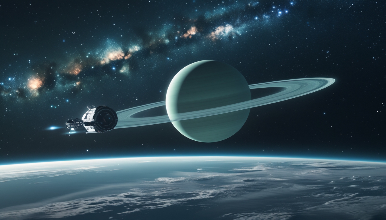 Planet Uranus berwarna biru kehijauan dengan cincin samar di luar angkasa, dengan pesawat antariksa mendekat dan latar belakang bintang serta galaksi jauh.