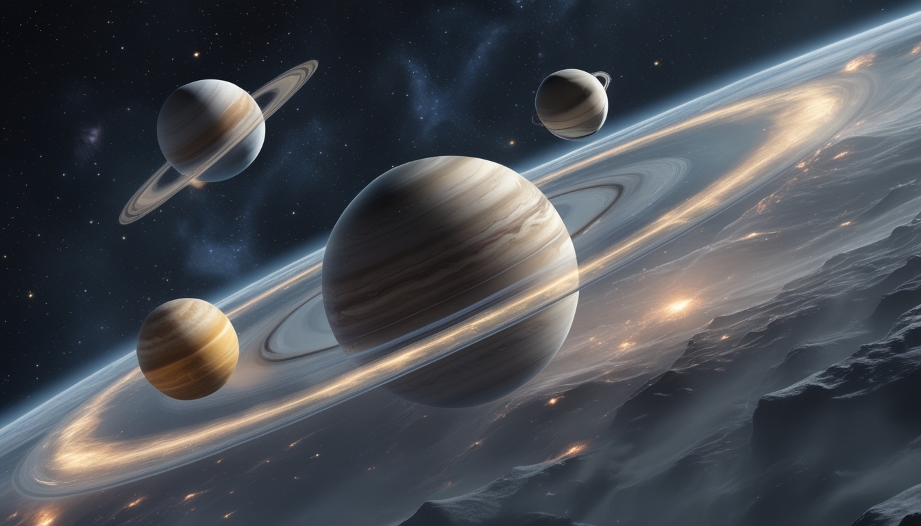 Gambaran visual tata surya dengan planet-planet mengelilingi matahari di ruang angkasa gelap penuh bintang dan nebula.