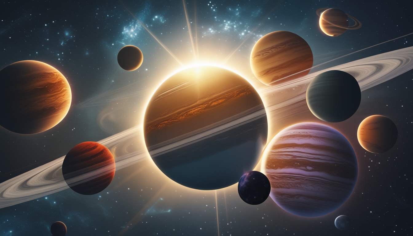 Visualisasi Tata Surya dengan Matahari dan delapan planet mengorbit di latar luar angkasa yang gelap penuh bintang.