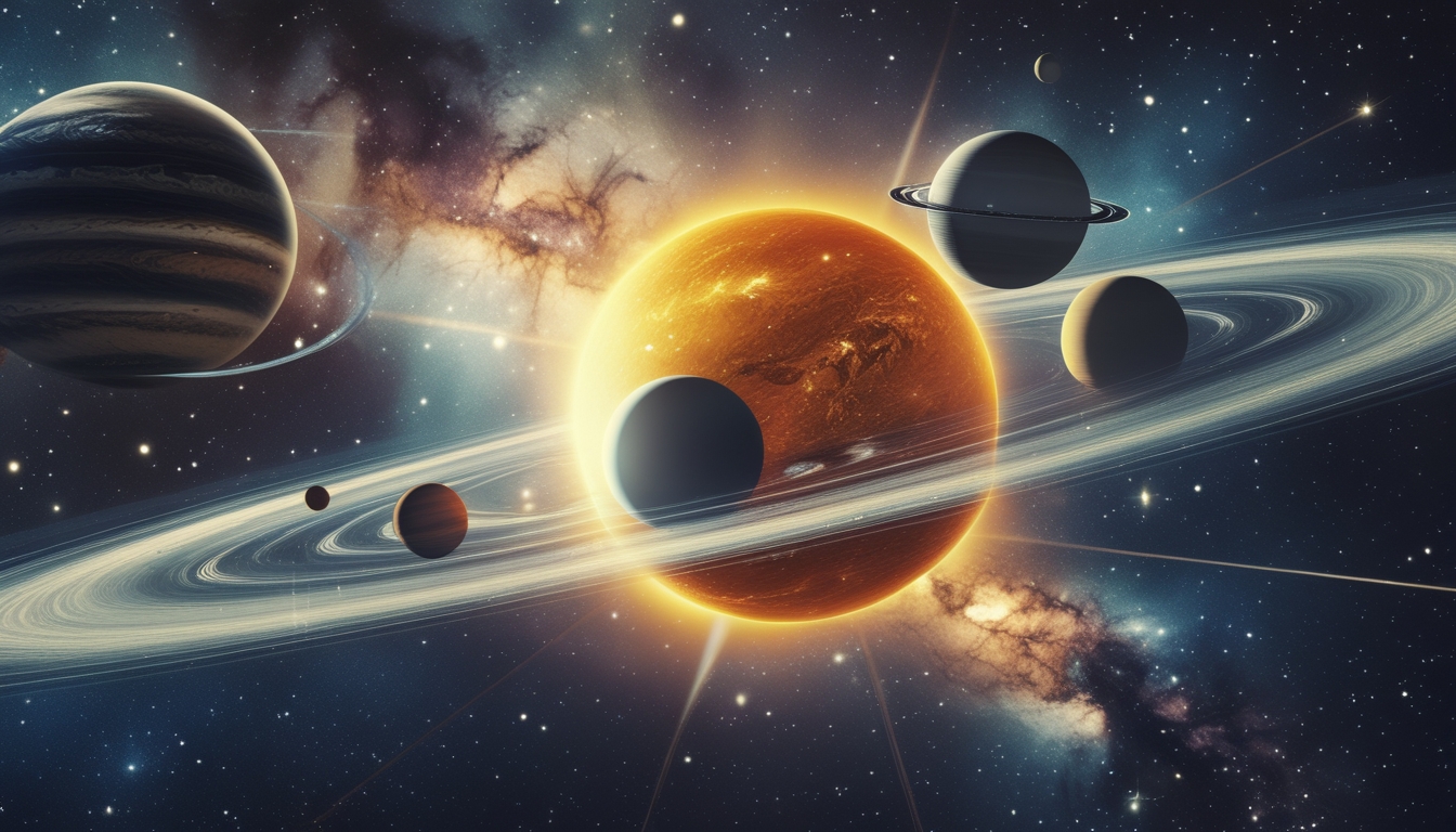 Gambaran tata surya dengan matahari di tengah dan delapan planet mengorbit di sekitarnya di ruang angkasa.