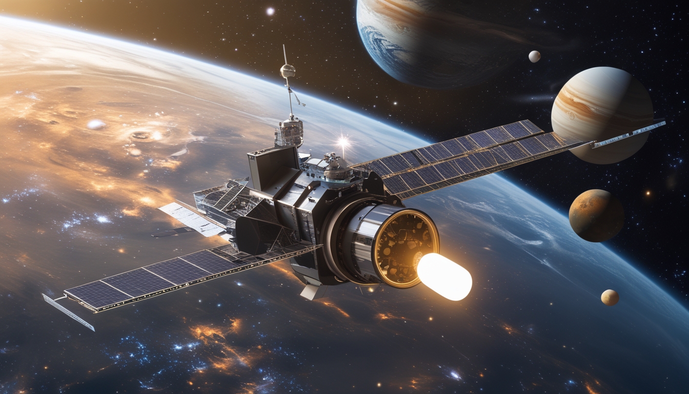 Pemandangan tata surya dengan pesawat ruang angkasa NASA modern mengorbit planet-planet di luar angkasa.