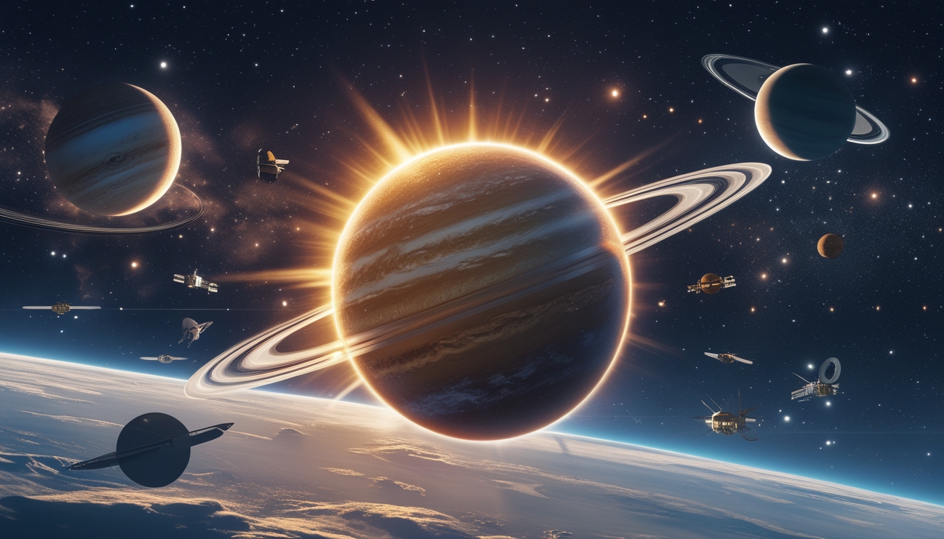 Gambaran Tata Surya dengan Matahari di tengah, planet-planet mengelilingi, dan pesawat luar angkasa NASA yang modern sedang menjelajah di ruang angkasa.