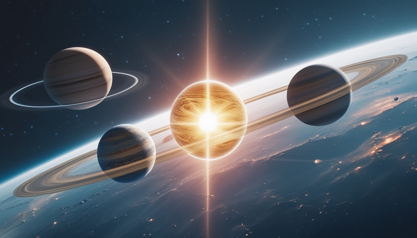 Gambaran visual tata surya dengan planet-planet mengelilingi matahari di ruang angkasa.