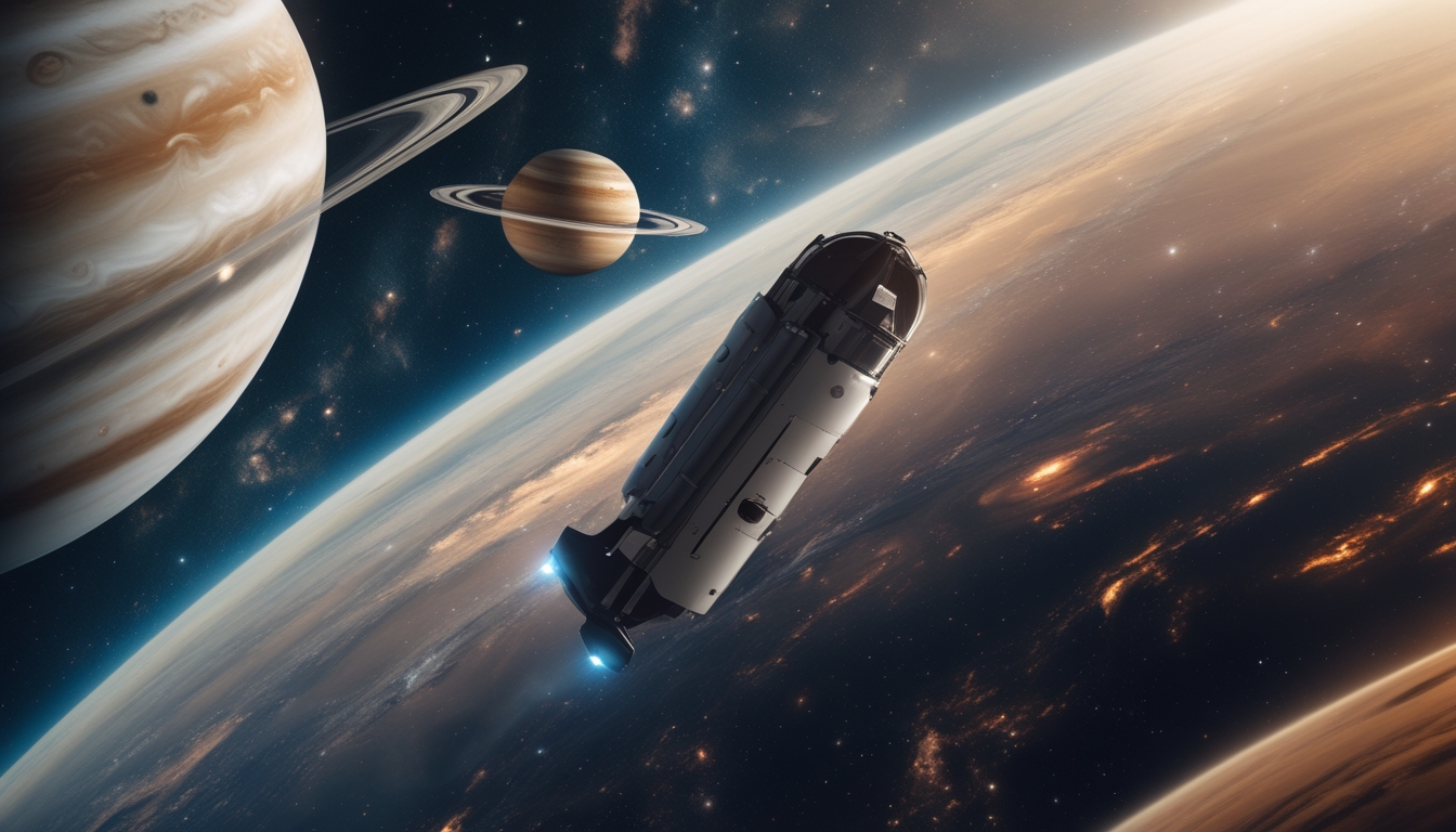 Sebuah pesawat luar angkasa futuristik melintasi tata surya dengan planet-planet berwarna cerah di latar belakang bintang dan galaksi.