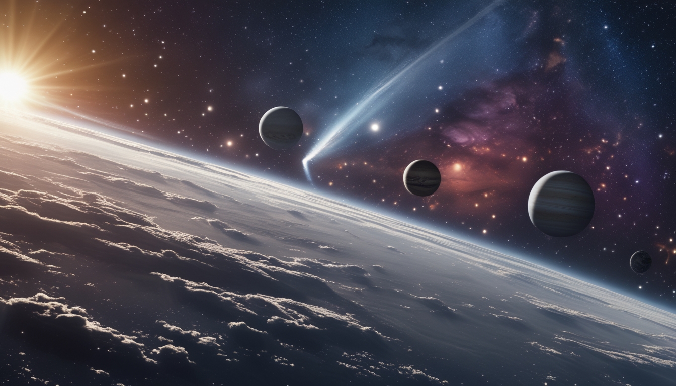 Gambaran tata surya dengan planet-planet berurutan dan fenomena langit langka seperti komet dan aurora di latar belakang kosmik.
