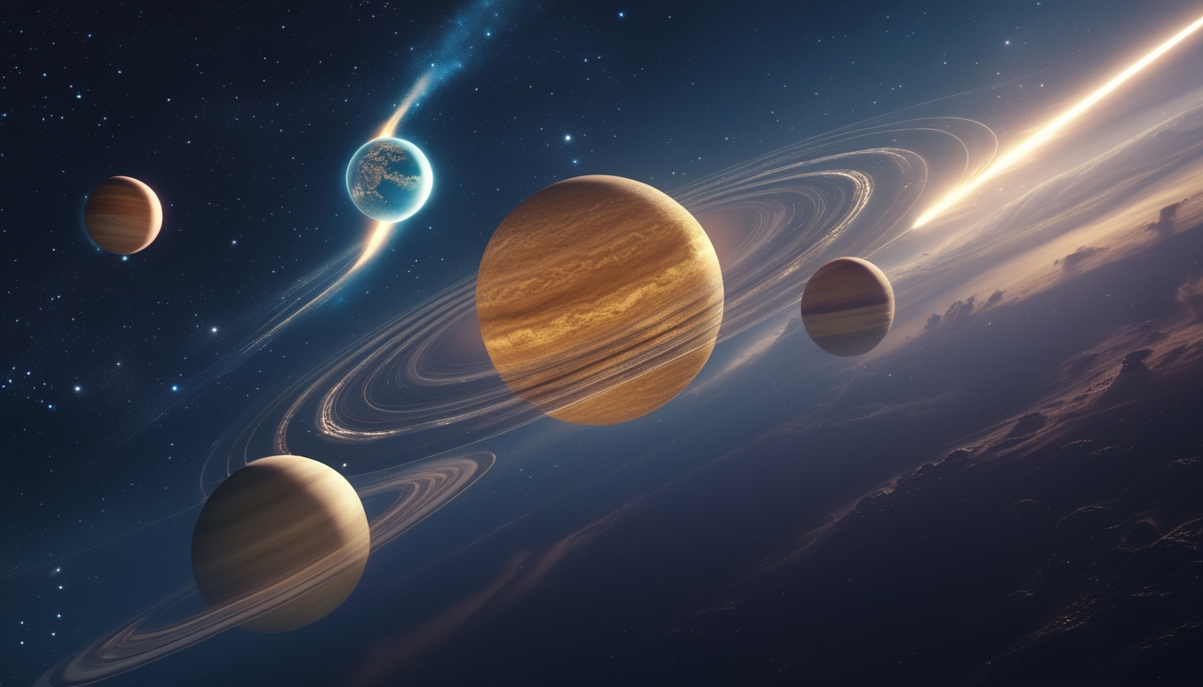 Gambaran tata surya dengan matahari di tengah dan planet-planet mengelilinginya, latar belakang langit berbintang dengan fenomena langit langka seperti komet dan hujan meteor.